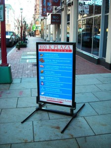 These signs have flexible coils at the bottom to allow them to sway in the wind. Sometimes they blow over anyway but this sign is standing straight and tall. 800 K Sign